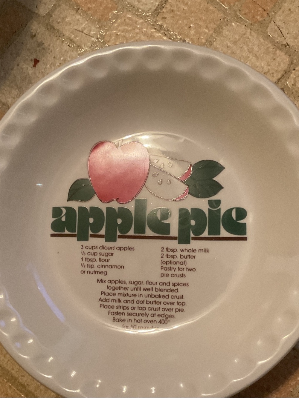 Apple Pie Ceramic Pie Dish with recipe